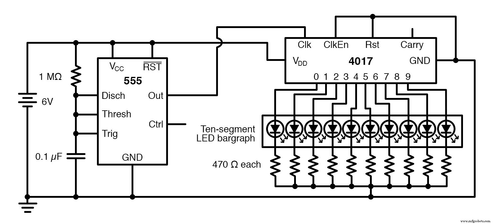 Construye un Secuenciador LED con Temporizador 555 y Contador 4017 – División de Frecuencia y Antirrebote