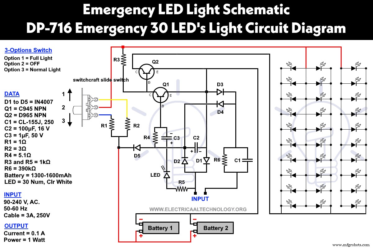 Circuito luz LED emergencia DP-716 – Esquemático y guía construcción recargable 30 LED